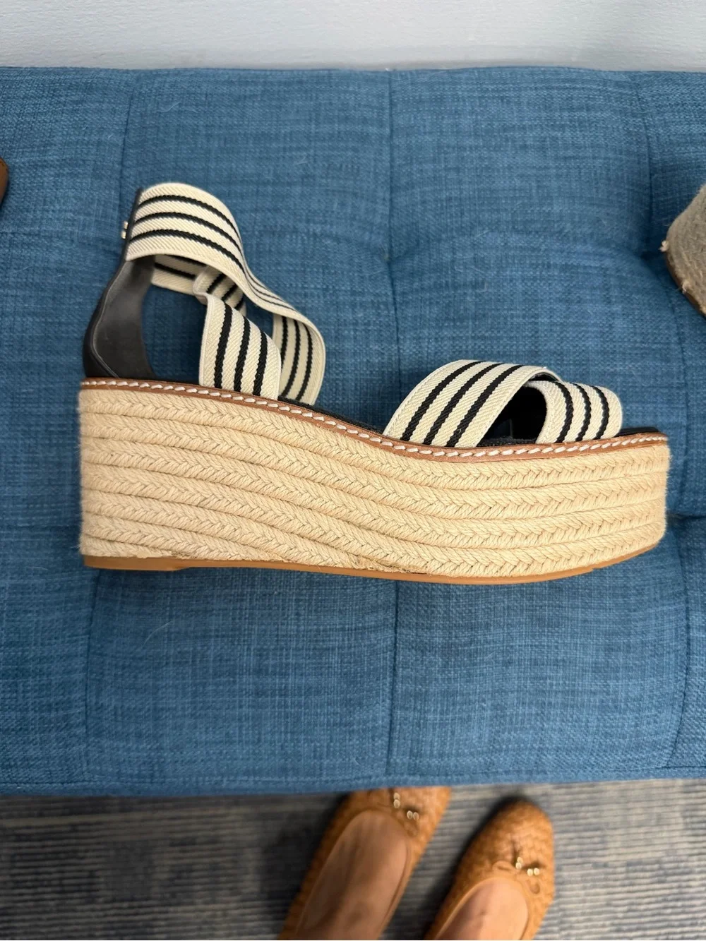 Tory Burch Black and Cream Striped Espadrille Platform Sandals